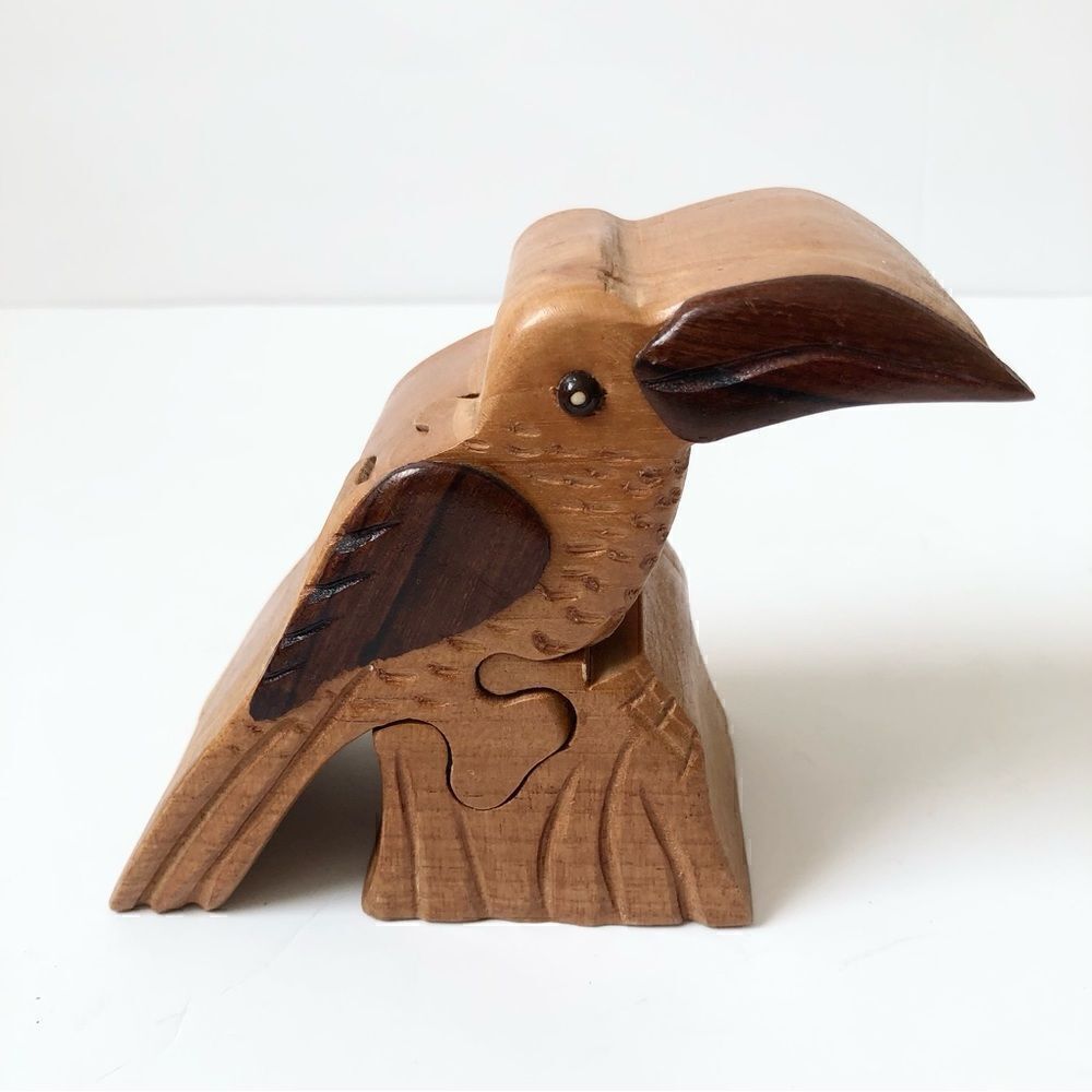 Tucan bird carved wooden puzzle trinket box